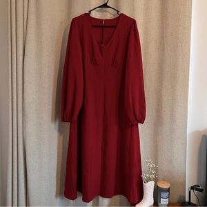 Red Long Bell Sleeve Midi A Line Dress | Elegant Formal Party Dress Size XL